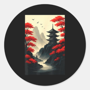 Cool Japanese Pagoda Castle Mountain Landscape Gra Classic Round Sticker