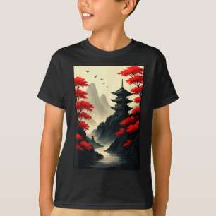 Cool Japanese Pagoda Castle Mountain Landscape Gra T-Shirt