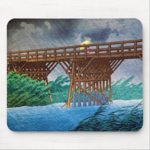 Cool japanese rain bridge river forest Kawase art Mouse Pad