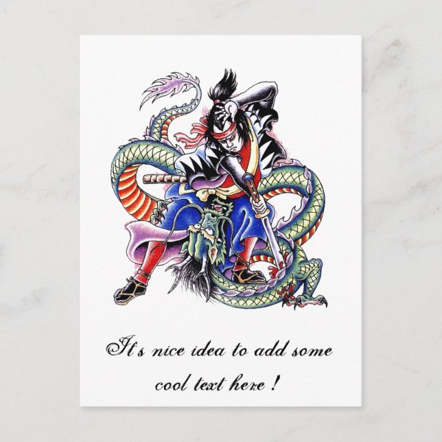 Cool Japanese Samurai Fight Dragon tattoo Postcard (Front)