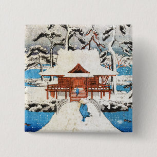 Cool japanese vintage ukiyo-e lake shrine snow 15 cm square badge