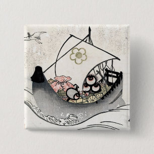 Cool japanese vintage ukiyo-e myth legend boat art 15 cm square badge