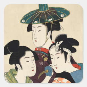 Cool japanese vintage ukiyo-e trio lady geisha art square sticker