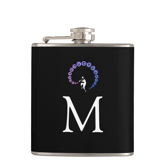 Cool Jazz Trumpet Musician Monogram Blue Lilac Hip Flask (Front)