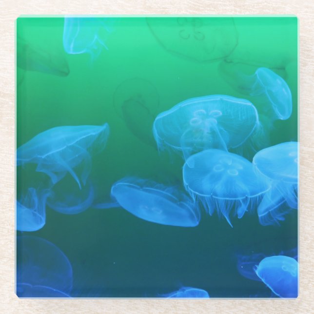 Cool Jellyfish Green Blue Gradient Glass Coaster (Front)
