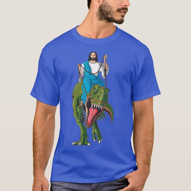 Cool Jesus Riding Dinosaur  Funny Christian Dino T-Shirt (Front)