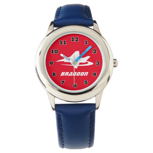 Cool jet fighter kid's watch with custom boys name (Front)