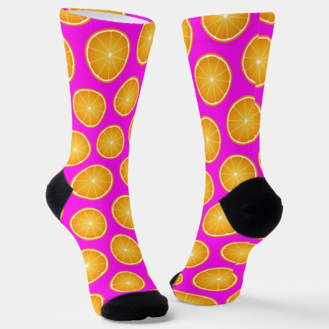 Cool Juicy Orange fruit slice pattern neon pink Socks (Angled)