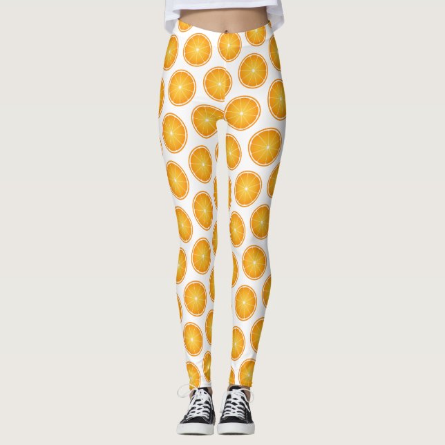 Cool Juicy Orange fruit slices pattern white Leggings (Front)