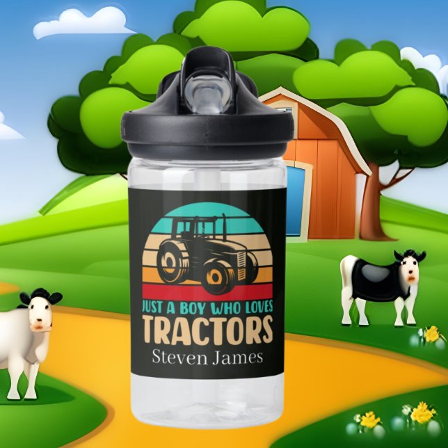 Cool just boy loves tractors add name water bottle (Creator Uploaded)