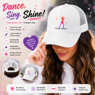 Cool K-Pop Dancing Anime Girl with Music Notes Des Trucker Hat