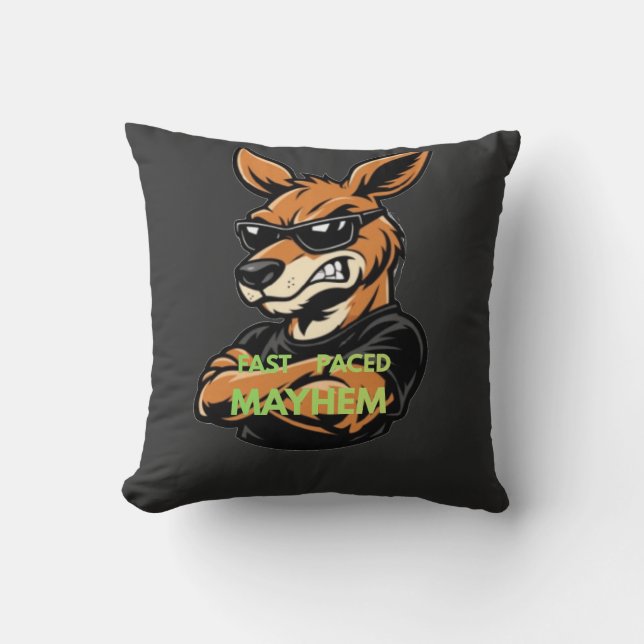 Cool Kangaroo Fast Paced Mayhem Black T-Shirt Cushion (Front)