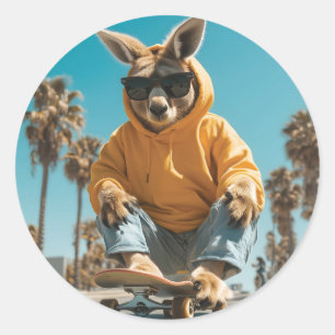 Cool Kangaroo in Sunglasses on a Skateboard Classic Round Sticker