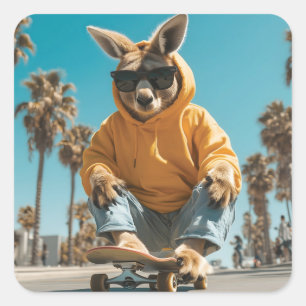 Cool Kangaroo in Sunglasses on a Skateboard Square Sticker
