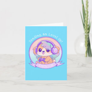 Cool Kawaii Gamer Girl Dog Birthday Wishes in Blue Note Card