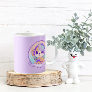 Cool Kawaii Gamer Girl Dog in Purple with Name Coffee Mug