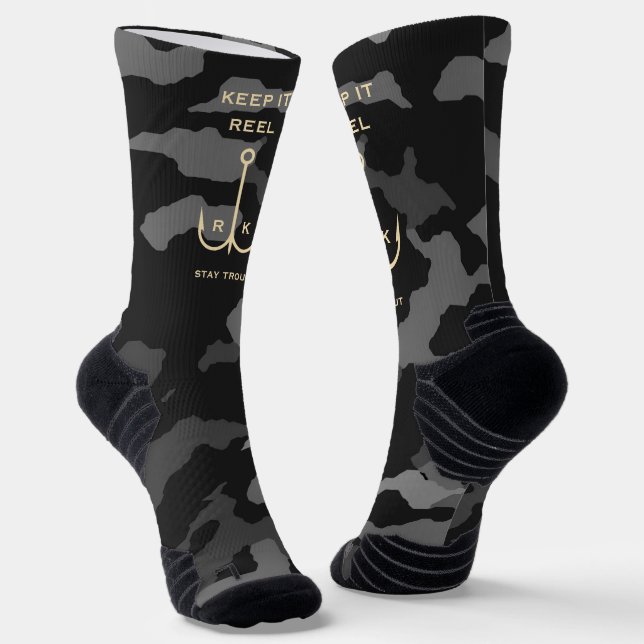 Cool Keep it Reel Fishing Funny Father's Day Camo Socks (Angled)