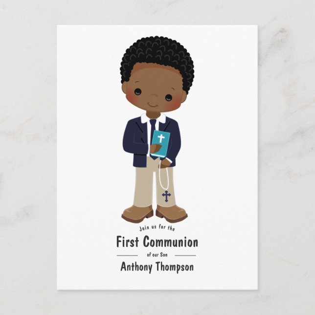 Cool Khaki Black Boy First Holy Communion Invite Postcard (Front)
