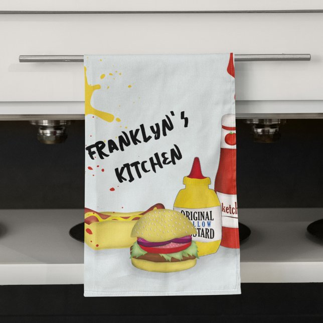 Cool Kitchen BBQ Personalised Tea Towel (Cute kitchen towel with hamburger and hotdog artwork)