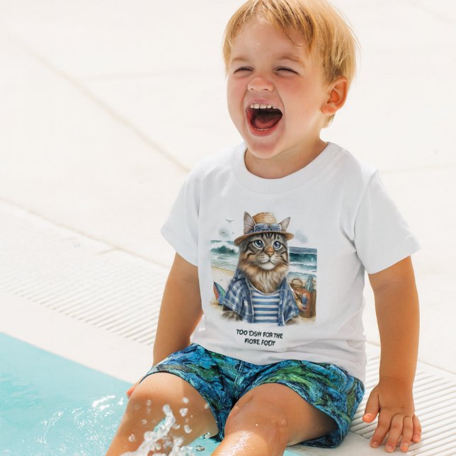 Cool Kitty Cat at The Beach  Baby T-Shirt (Fun in the sun , toddler or baby boy swim t-shirt.  "too cool for the kiddie pool")