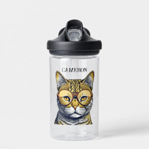 Cool Kitty Cat with Glasses Personalised Water Bottle