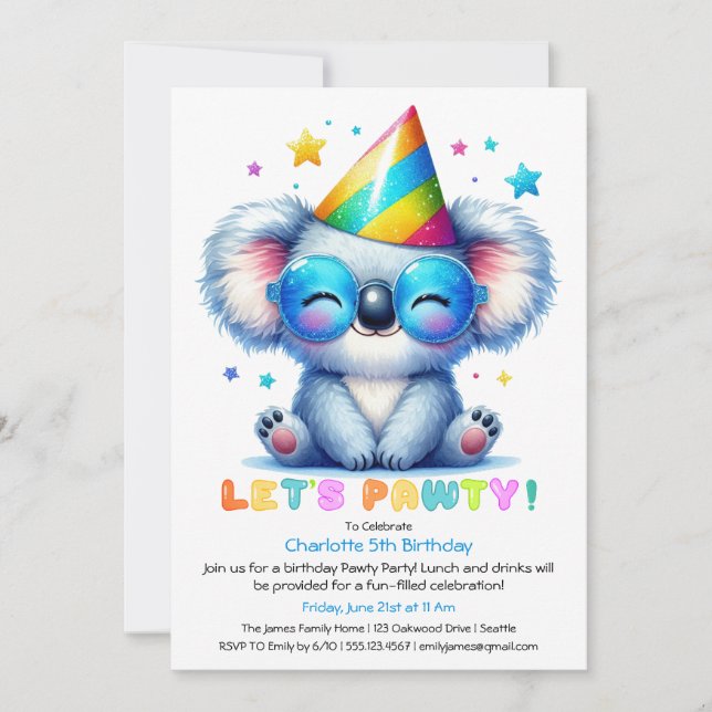 Cool Koala Birthday Invitation Blue Glitter Party (Front)