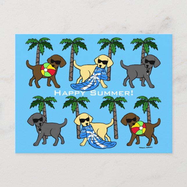 Cool Labradors Beach Party Cartoon Postcard (Front)