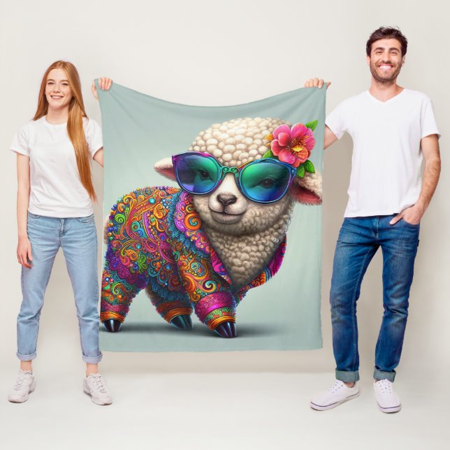 Cool lamb in a colourful suit fleece blanket (In Situ)