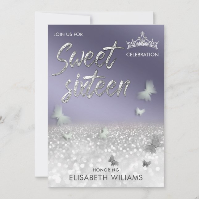 Cool lavender silver glitter tiara butterfly  invitation (Front)