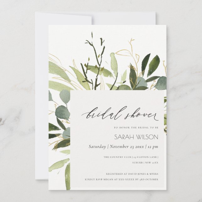 COOL LEAFY GREEN FOLIAGE WATERCOLOR BRIDAL SHOWER INVITATION (Front)