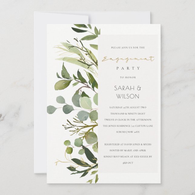 COOL LEAFY GREEN FOLIAGE WATERCOLOR ENGAGEMENT INVITATION (Front)
