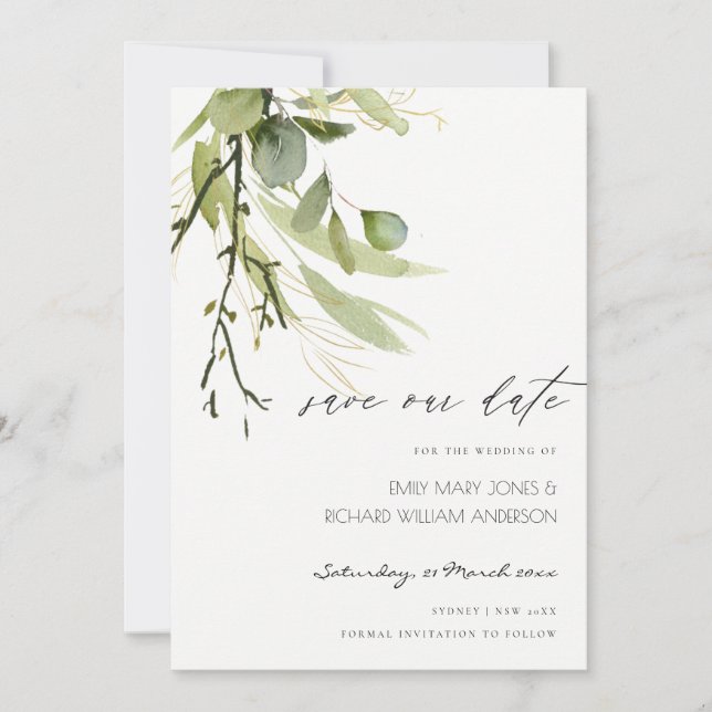 COOL LEAFY GREEN FOLIAGE WATERCOLOR SAVE THE DATE INVITATION (Front)