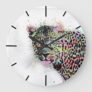 Cool leopard animal watercolor splatters paint large clock