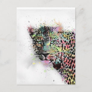 Cool leopard animal watercolor splatters paint postcard