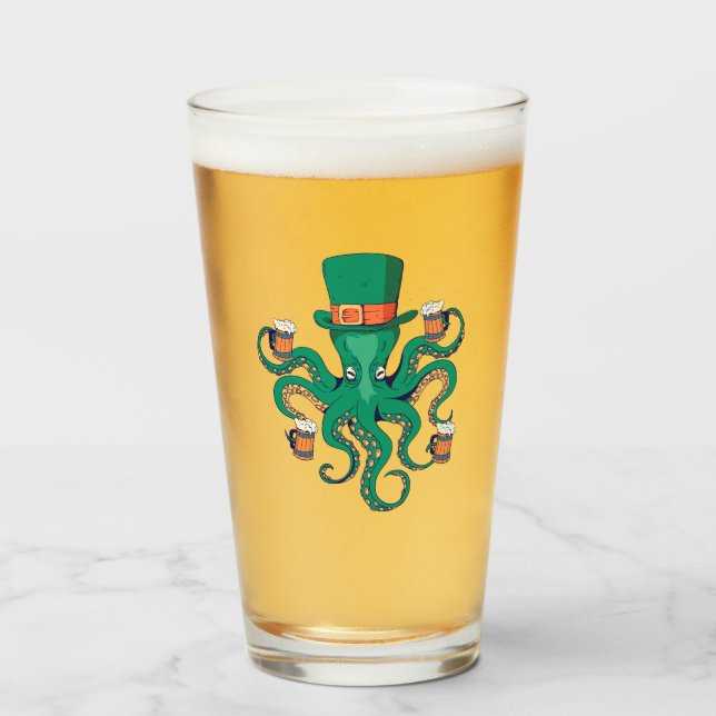 Cool Leprechaun Octopus and Beer St. Patrick's Day Glass (Front Filled)