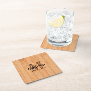 Cool light brown bamboo wood print Monogram Square Paper Coaster