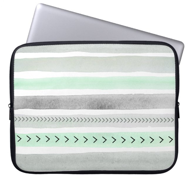 Cool Light Green Grey Watercolor Stripes Pattern Laptop Sleeve (Front)