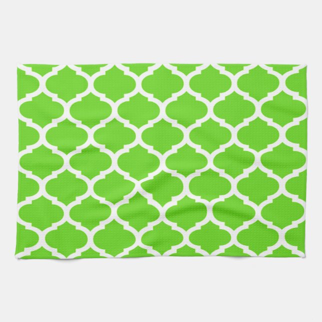 Cool Lime Green Moroccan Quatrefoil Pattern Tea Towel (Horizontal)
