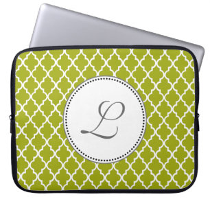 cool lime quatrefoil pattern monogram laptop sleeve