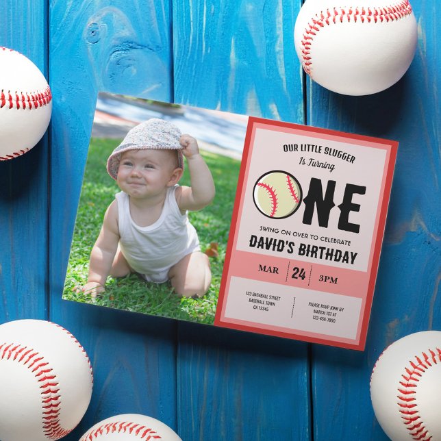 Cool Little Slugger Baseball Photo 1st Birthday Invitation (Creator Uploaded)