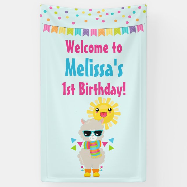 Cool Llama and Smiling Kawaii Sun Birthday Banner (Vertical)