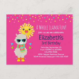 Cool Llama and Smiling Kawaii Sun Birthday Invitation Postcard