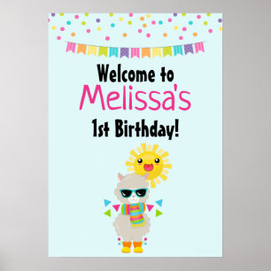 Cool Llama and Smiling Kawaii Sun Birthday Poster