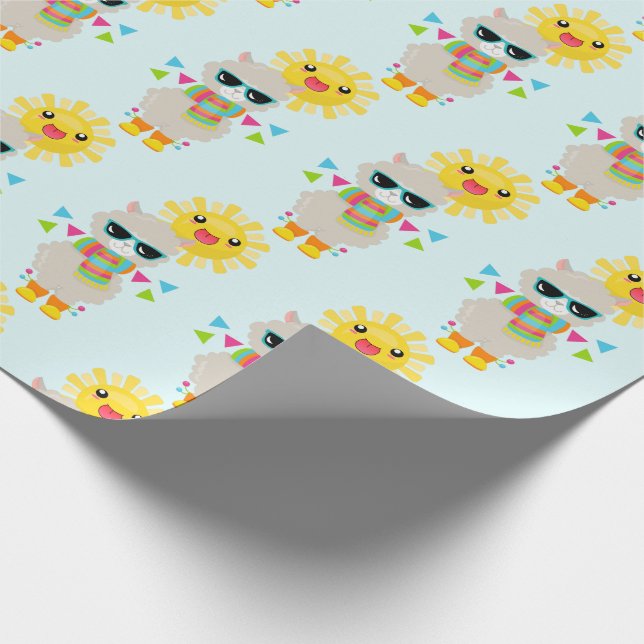 Cool Llama and Smiling Kawaii Sun Pattern Wrapping Paper (Corner)
