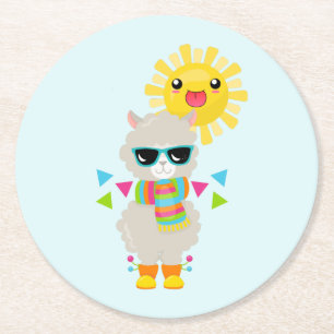 Cool Llama and Smiling Kawaii Sun Round Paper Coaster