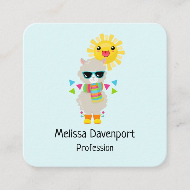 Cool Llama and Smiling Kawaii Sun Square Business Card (Front)