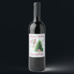 Cool Llama | Christmas Tree with Presents Wine Label<br><div class="desc">Wine labels with a funny illustration. A cute llama wearing black sunglasses and a red santa hat. Standing behind a Christmas tree with festive presents. The word Joy written above his head in a colourful holiday font. Silver bokeh background. Whimsical and fun Christmas themed design.</div>