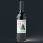 Cool Llama | Christmas Tree with Presents Wine Label<br><div class="desc">Wine labels with a funny illustration. A cute llama wearing black sunglasses and a red santa hat. Standing behind a Christmas tree with festive presents. The word Joy written above his head in a colourful holiday font. Silver bokeh background. Whimsical and fun Christmas themed design.</div>