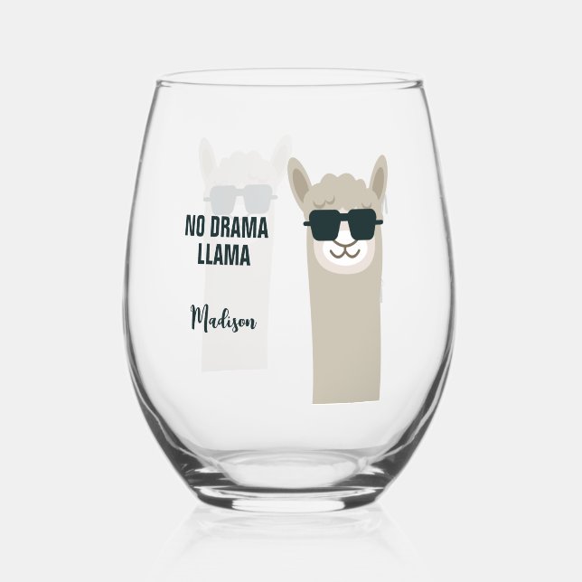 Cool Llama custom name & text Stemless Wine Glass (Back)