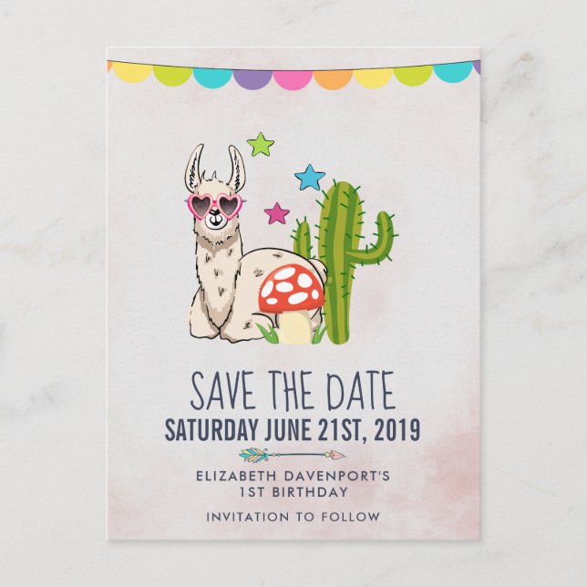 Cool llama in Heart-Shape Sunglasses Save the Date Postcard (Front)